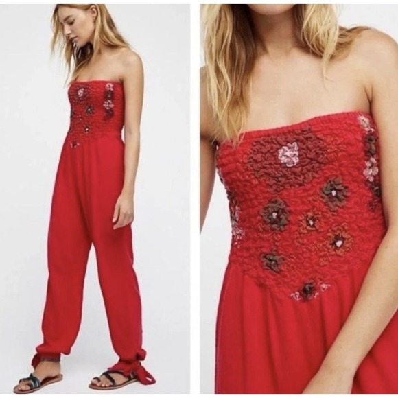Free People Pants - Free People Karan Strapless‎ Smocked Floral Red Jumpsuit Size XS Boho Festival
